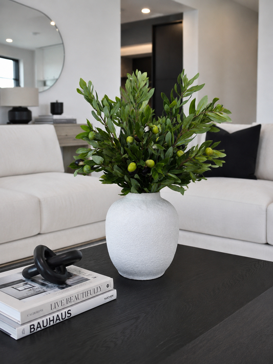 ARTIFICIAL OLIVE BRANCH ARRANGEMENT IN TEXTURED WHITE VASE