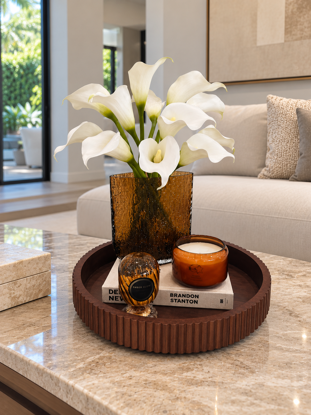 ELEGANT WHITE CALLA LILY & AMBER GLASS DECORATIVE SET