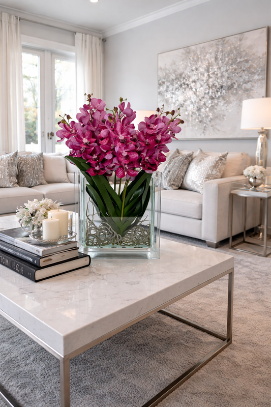 SQUARE GLASS VASE WITH ORCHIDS