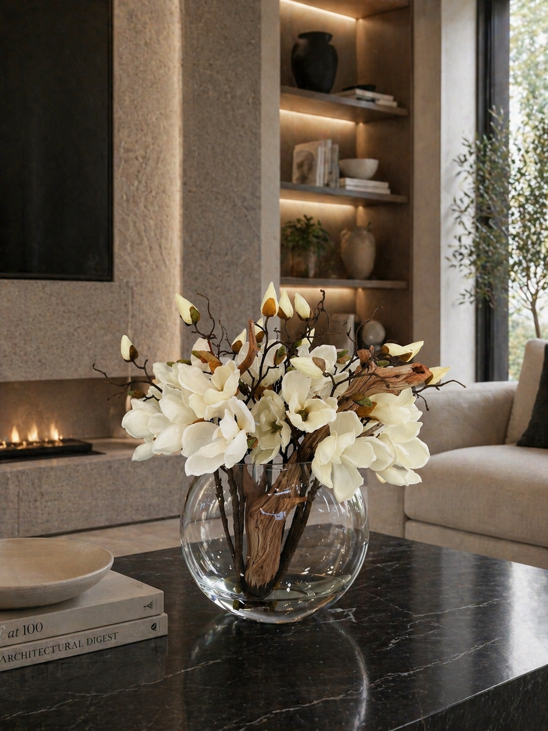 MOOM VASE WITH MAGNOLIAS AND WOOD