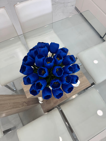 BLUE TULIP ARRANGEMENT IN SILVER GLASS VASE