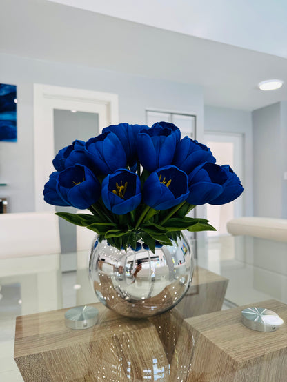 BLUE TULIP ARRANGEMENT IN SILVER GLASS VASE