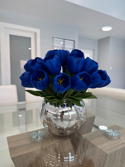 BLUE TULIP ARRANGEMENT IN SILVER GLASS VASE