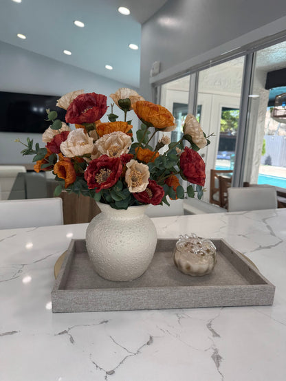 AUTUMN POPPY FLORAL ARRANGEMENT IN TEXTURED CREAM VASE
