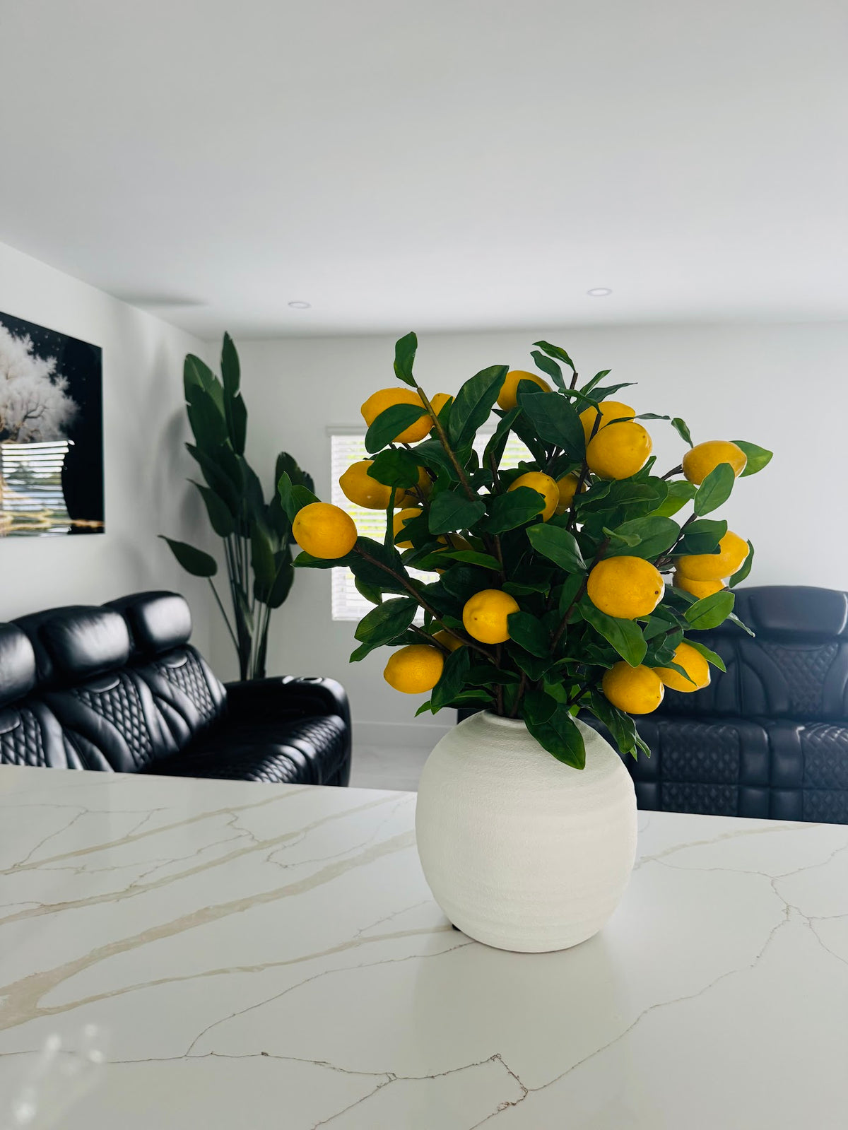 LEMON BRANCH ARRANGEMENT IN TEXTURED WHITE VASE
