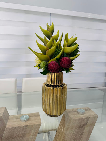 TROPICAL PROTEA & HELICONIA ARRANGEMENT IN GOLD VASE