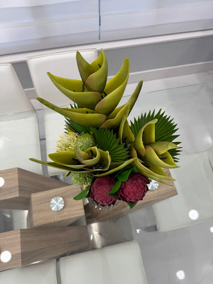 TROPICAL PROTEA & HELICONIA ARRANGEMENT IN GOLD VASE