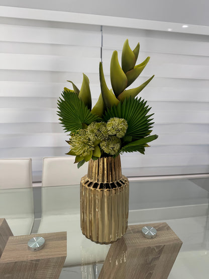 TROPICAL PROTEA & HELICONIA ARRANGEMENT IN GOLD VASE