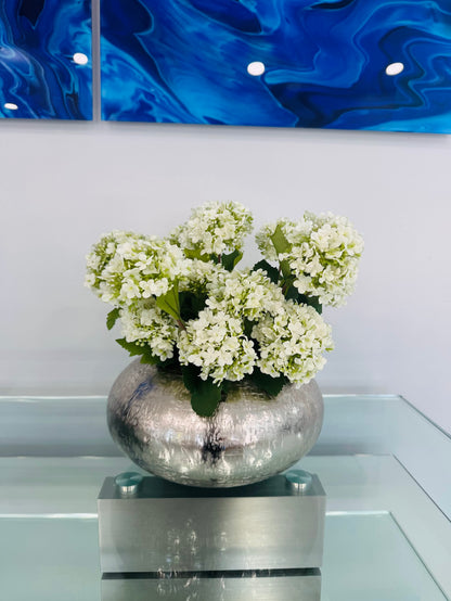 SNOWBALL HYDRANGEAS IN METAL SILVER VASE