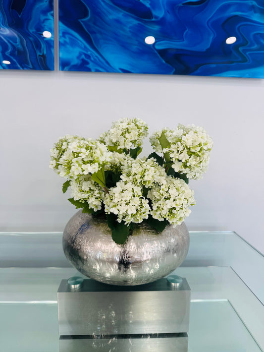 SNOWBALL HYDRANGEAS IN METAL SILVER VASE