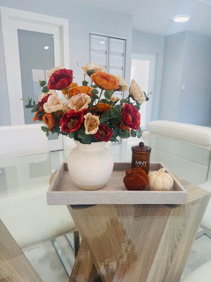 AUTUMN POPPY FLORAL ARRANGEMENT IN TEXTURED CREAM VASE