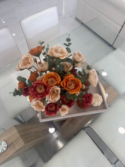 AUTUMN POPPY FLORAL ARRANGEMENT IN TEXTURED CREAM VASE
