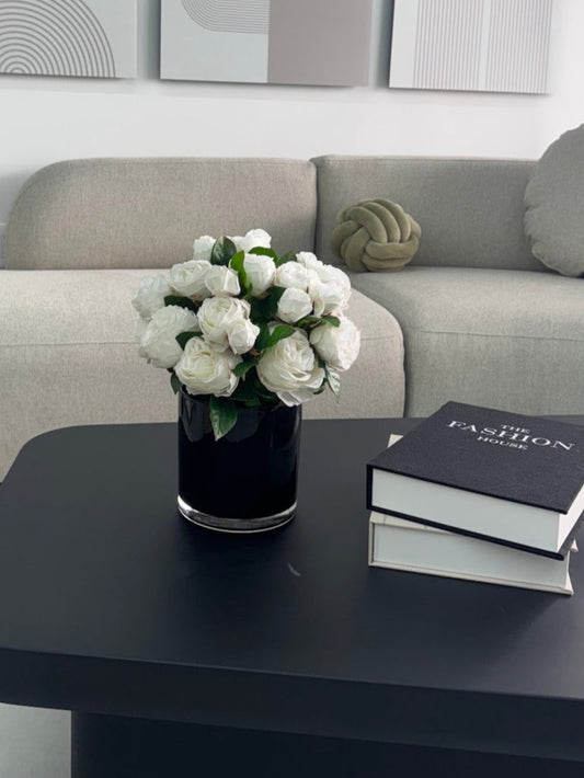 REAL TOUCH ROSES IN BLACK GLASS VASE