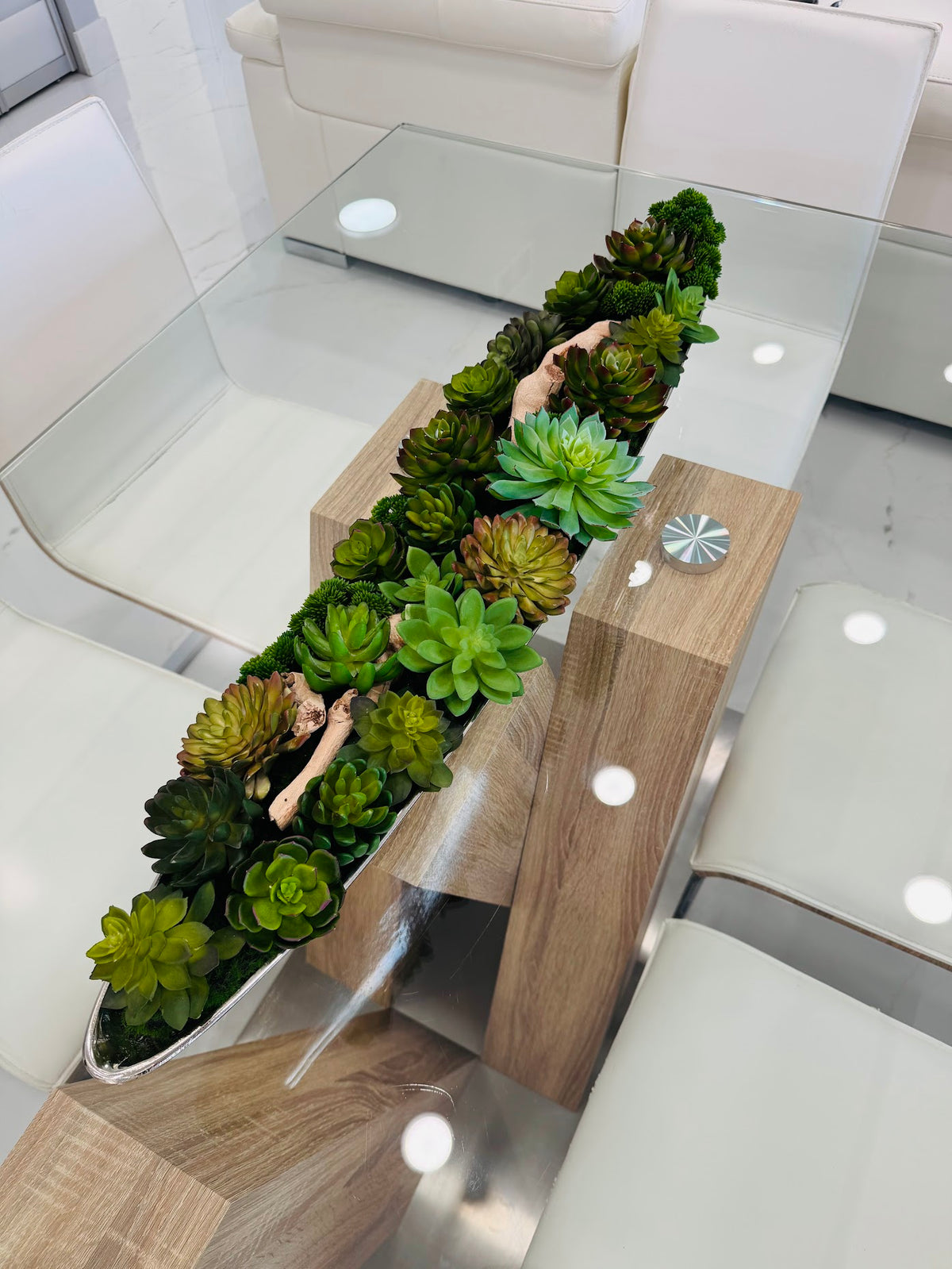 LUXURY GREEN SUCCULENT ARRANGEMENT IN SILVER BOAT VASE