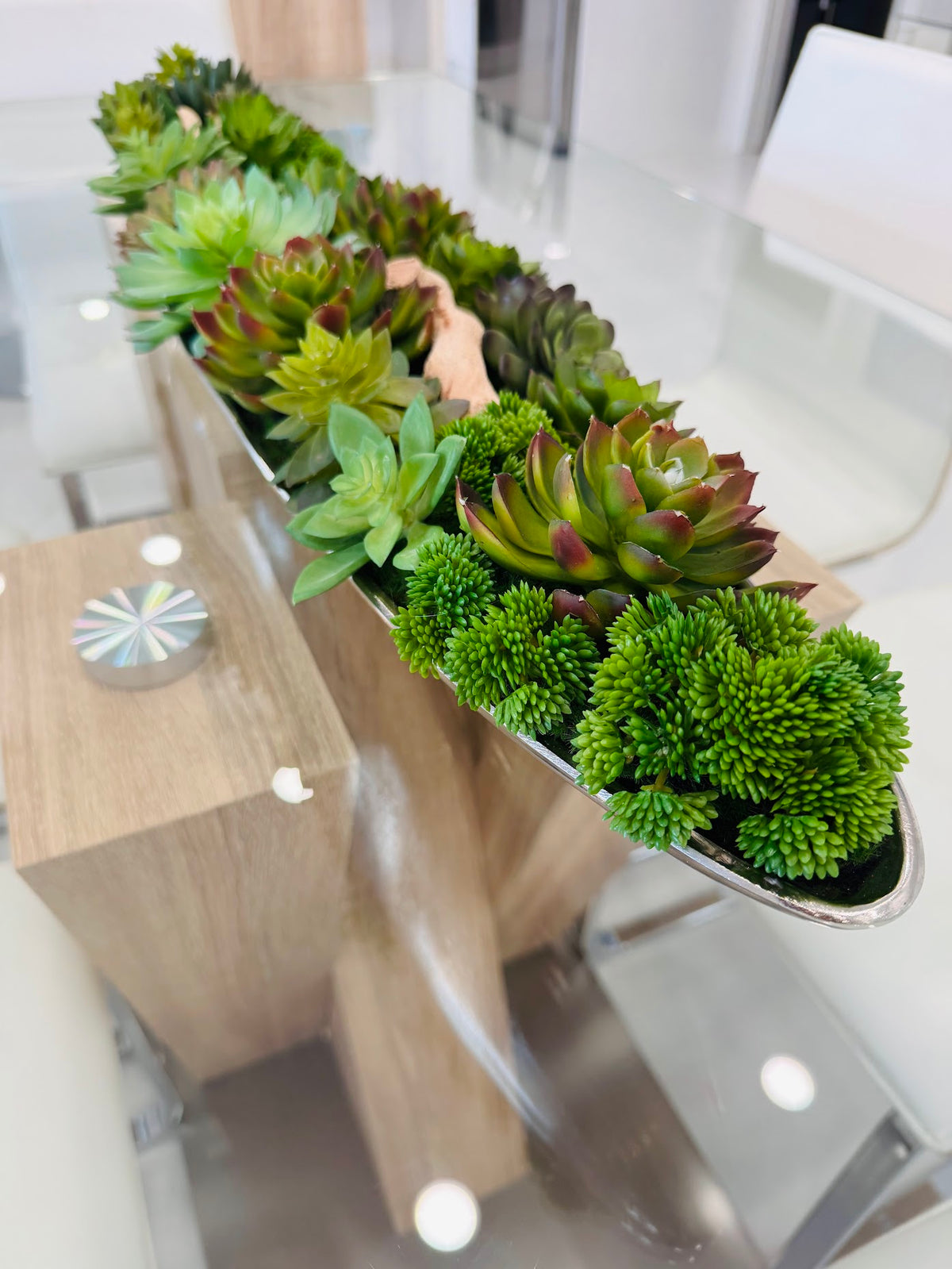 LUXURY GREEN SUCCULENT ARRANGEMENT IN SILVER BOAT VASE
