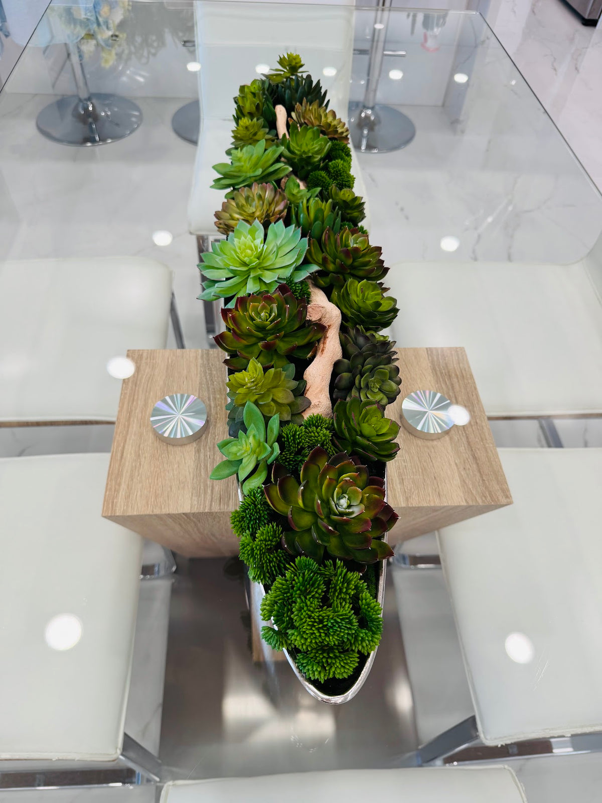 LUXURY GREEN SUCCULENT ARRANGEMENT IN SILVER BOAT VASE