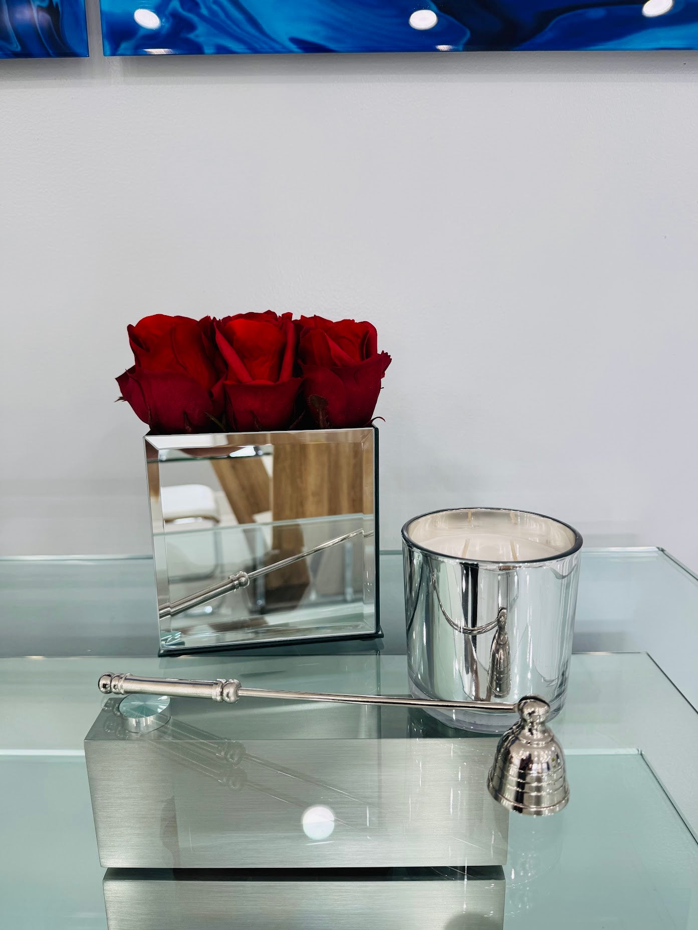 REAL TOUCH RED ROSE IN MIRROR VASE