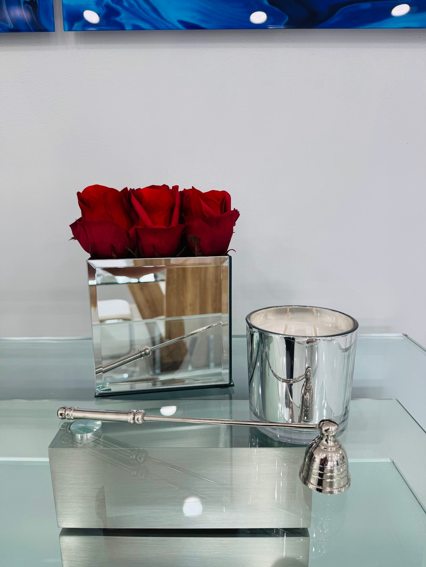 REAL TOUCH RED ROSE IN MIRROR VASE