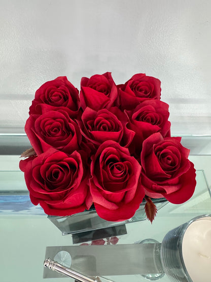 REAL TOUCH RED ROSE IN MIRROR VASE