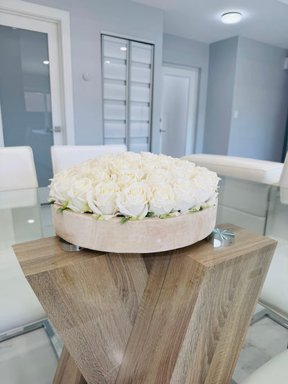 WHITE ROSES IN WOOD VASE