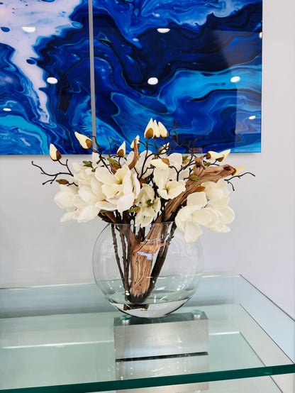 MAGNOLIAS IN MOON GLASS VASE