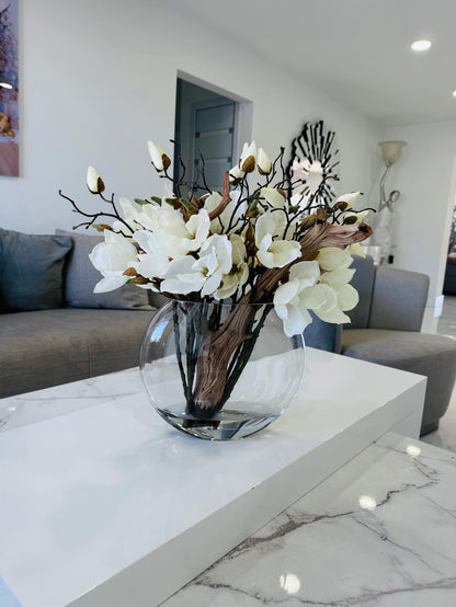 MAGNOLIAS IN MOON GLASS VASE