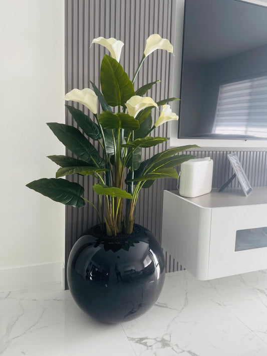 CALLA TREE IN GLOSSY BLACK GLOBE VASE