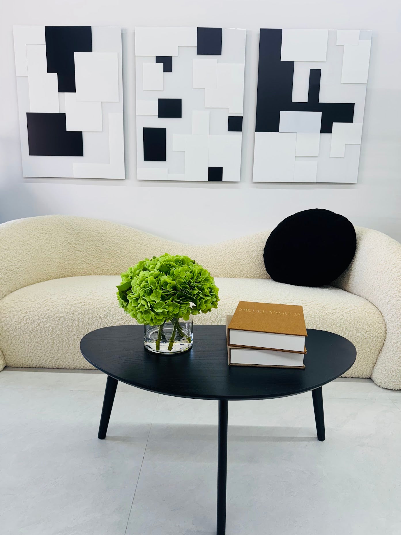 GREEN HYDRANGEAS IN CYLINDER VASE