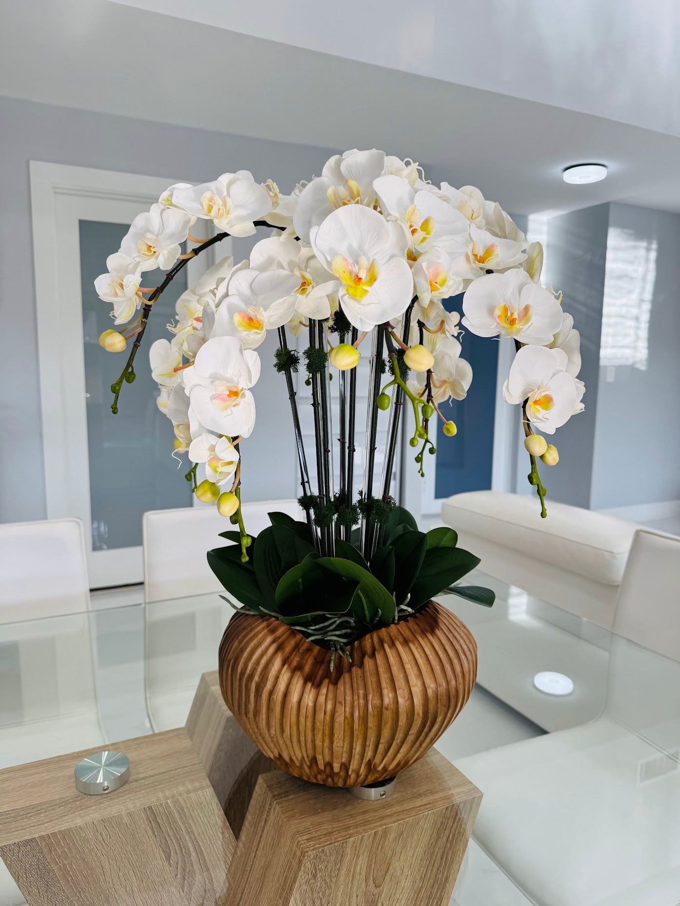 ARTIFICIAL PHALAENOPSIS ORCHID ARRANGEMENT IN WOOD VASE