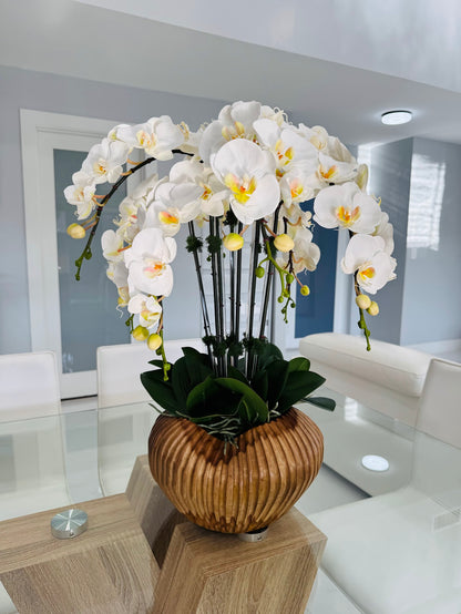 ARTIFICIAL PHALAENOPSIS ORCHID ARRANGEMENT IN WOOD VASE