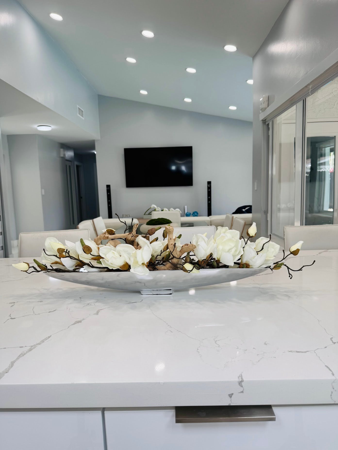 SILVER METAL BOAT WITH MAGNOLIAS AND WOOD