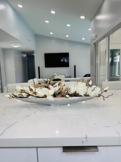 SILVER METAL BOAT WITH MAGNOLIAS AND WOOD