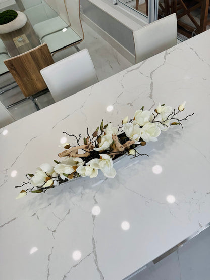 SILVER METAL BOAT WITH MAGNOLIAS AND WOOD