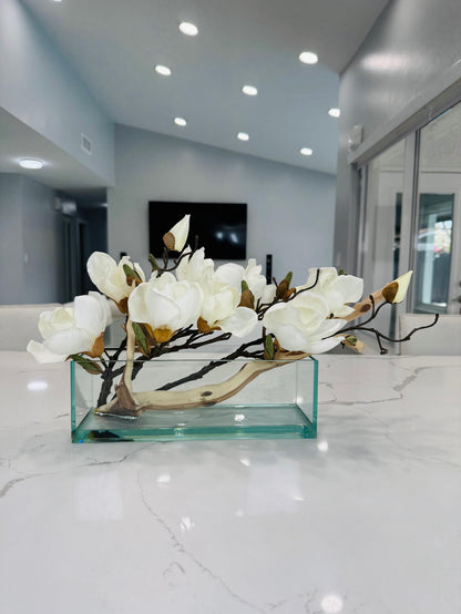 MAGNOLIA WITH WOOD IN RECTANGULAR VASE