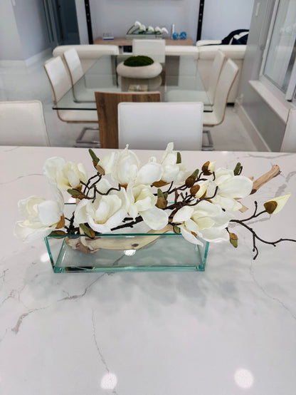 MAGNOLIA WITH WOOD IN RECTANGULAR VASE