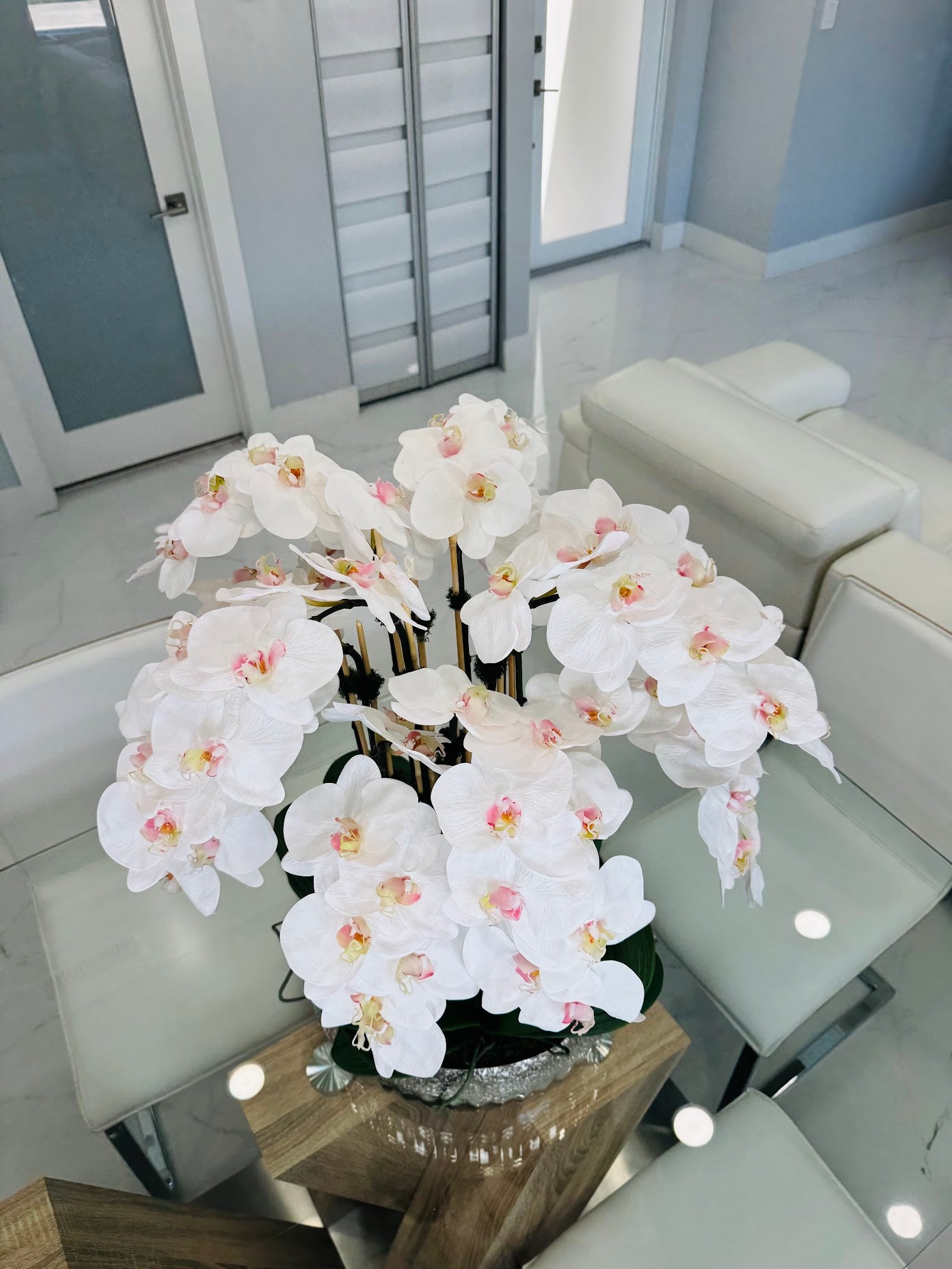 ARTIFICIAL PHALAENOPSIS ORCHID ARRANGEMENT IN METAL SILVER VASE