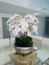ARTIFICIAL PHALAENOPSIS ORCHID ARRANGEMENT IN METAL SILVER VASE