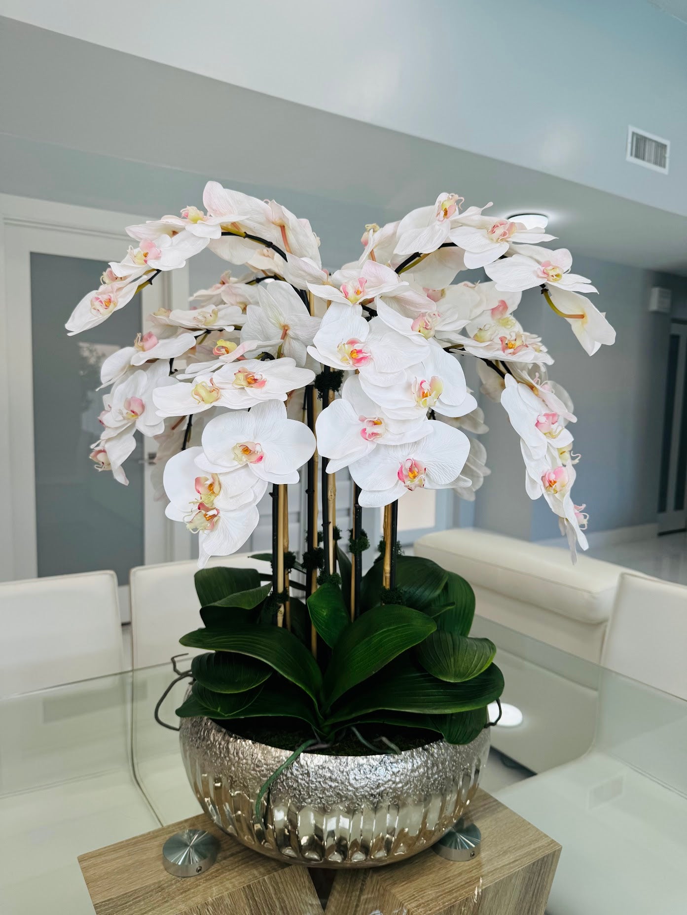 ARTIFICIAL PHALAENOPSIS ORCHID ARRANGEMENT IN METAL SILVER VASE
