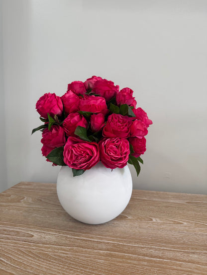 LUXURY FUCHSIA ROSE ARRANGEMENT IN WHITE VASE