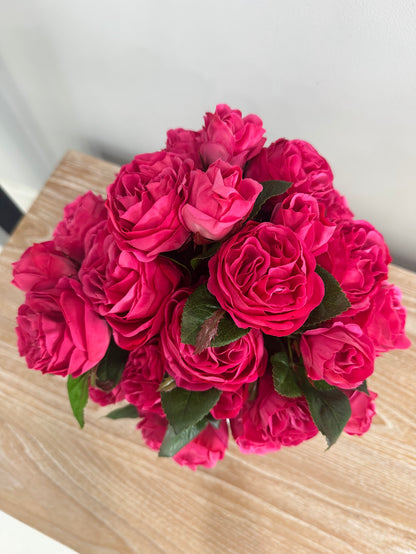 LUXURY FUCHSIA ROSE ARRANGEMENT IN WHITE VASE