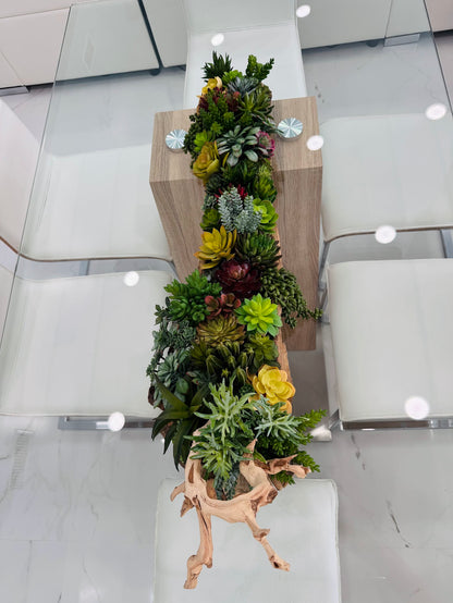 SUCCULENT ARRANGEMENT IN NATURAL WOOD BASE