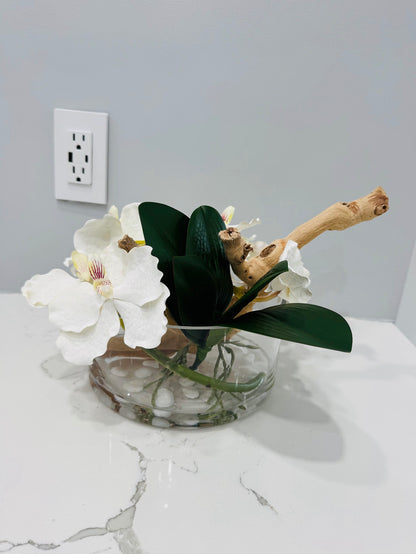 BOWL WITH VANDA ORCHIDS AND WOOD