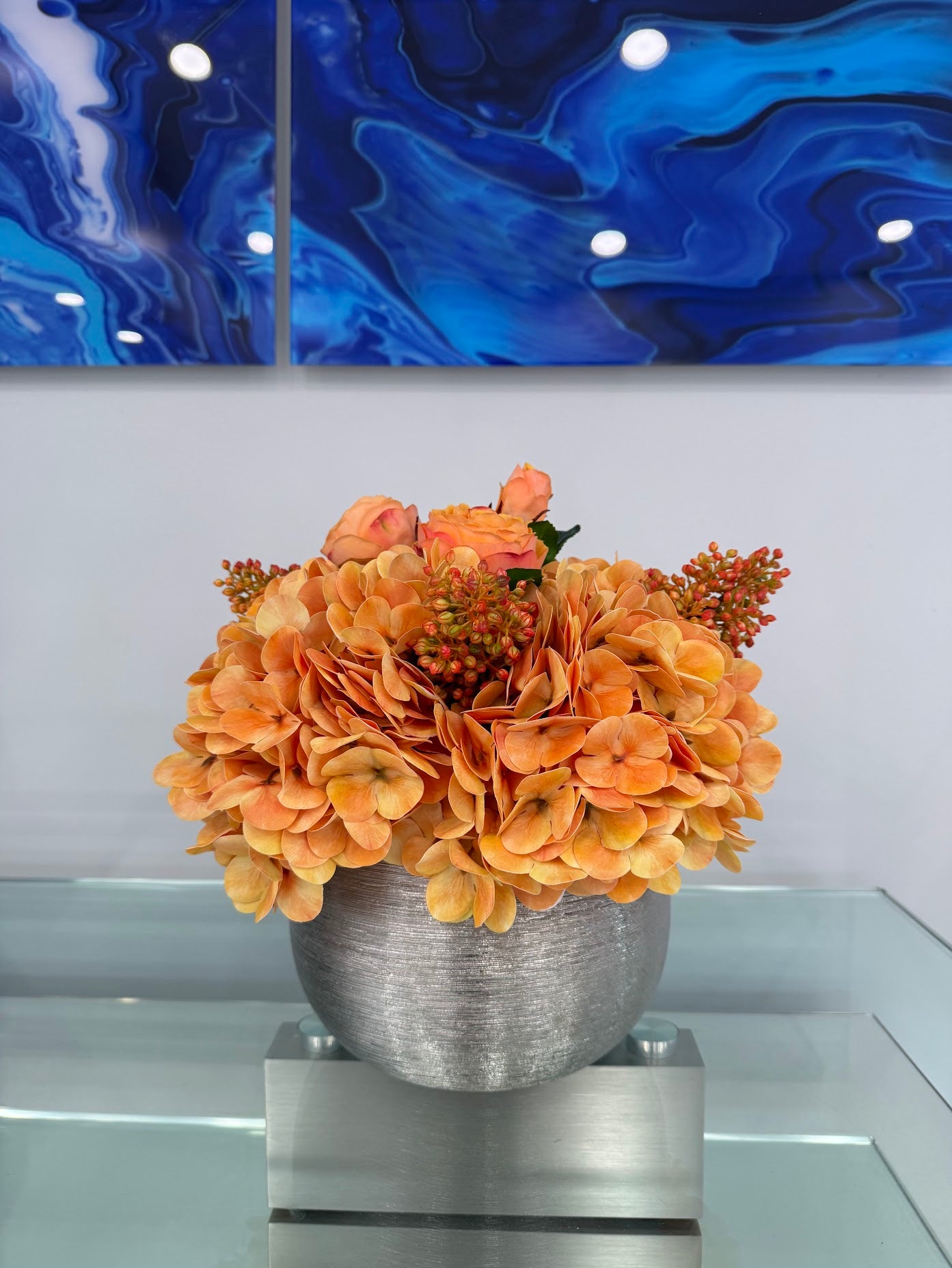 RADIANCE HYDRANGEAS IN SILVER VASE