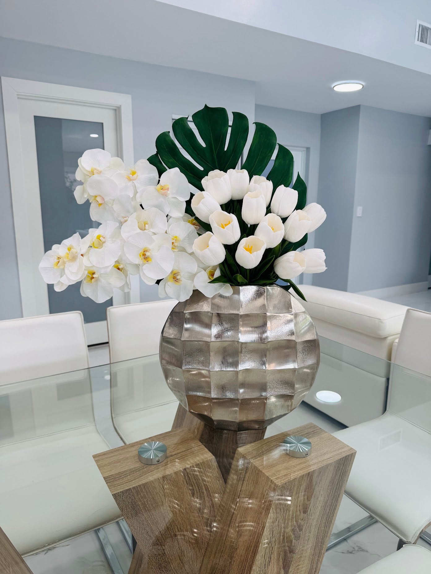 LUXURY WHITE ORCHIDS & TULIPS ARRANGEMENT IN MOTHER OF SILVER METAL VASE