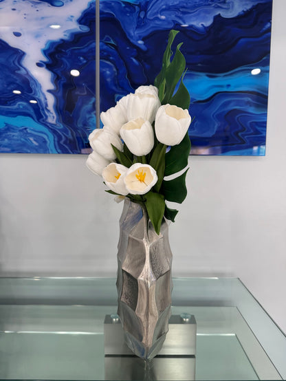 LUXURY WHITE ORCHIDS & TULIPS ARRANGEMENT IN MOTHER OF SILVER METAL VASE