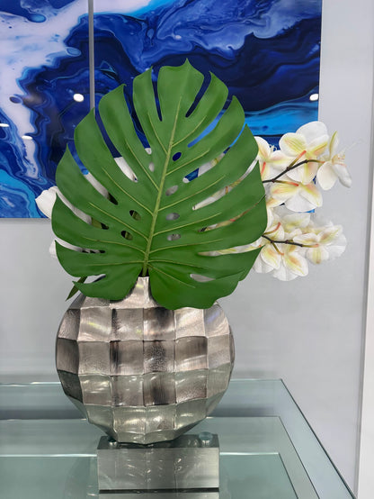 LUXURY WHITE ORCHIDS & TULIPS ARRANGEMENT IN MOTHER OF SILVER METAL VASE
