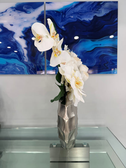 LUXURY WHITE ORCHIDS & TULIPS ARRANGEMENT IN MOTHER OF SILVER METAL VASE