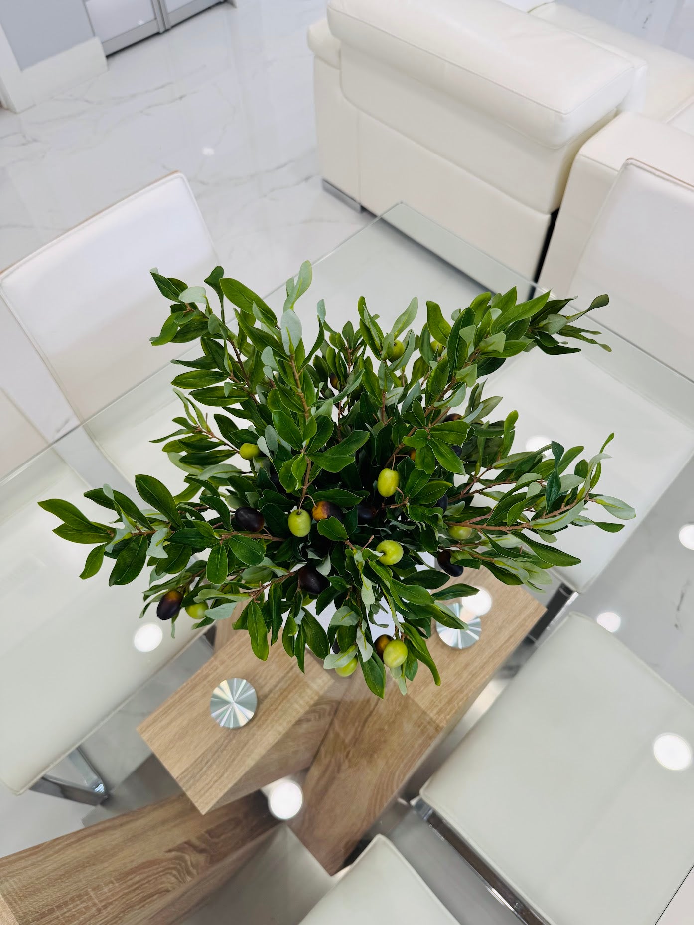ARTIFICIAL OLIVE BRANCH ARRANGEMENT IN TEXTURED WHITE VASE