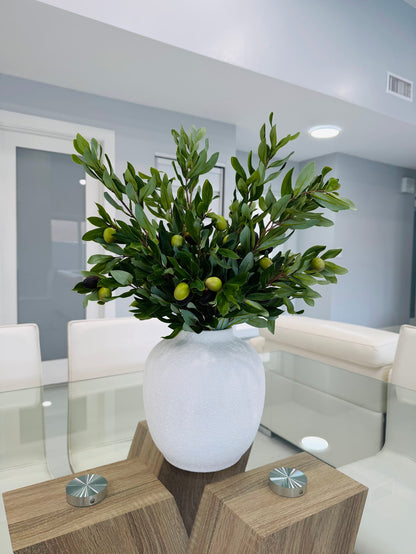 ARTIFICIAL OLIVE BRANCH ARRANGEMENT IN TEXTURED WHITE VASE