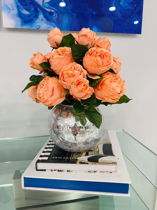 REAL TOUCH ROSES IN CRACKED MIRROR VASE